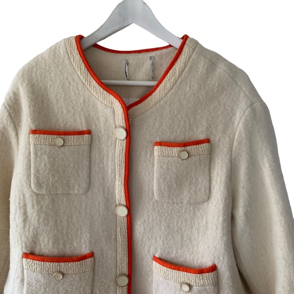 Pushbutton Boucle Cream With Orange Trim Snap Button Collarless Blazer Large - Picture 2 of 12
